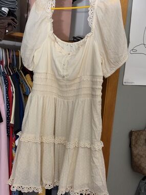 American Eagle Outfitters Cream Lace-Trim Mini Dress